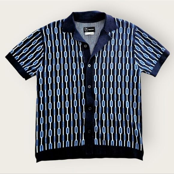 Original Use Geometric Patterned Blue Collared Short Sleeve Button Down Shirt S - Picture 1 of 6